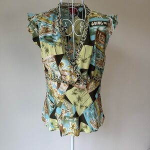 Sunny Leigh Silk Hawaiian Print Wrap Top Leopard Trim Sleeveless Size M v neck